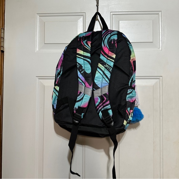 Justice Girls 17” Large Laptop Flip Backpack w/ Pom Key Chain Multicolor NWT $28 - Picture 3 of 3